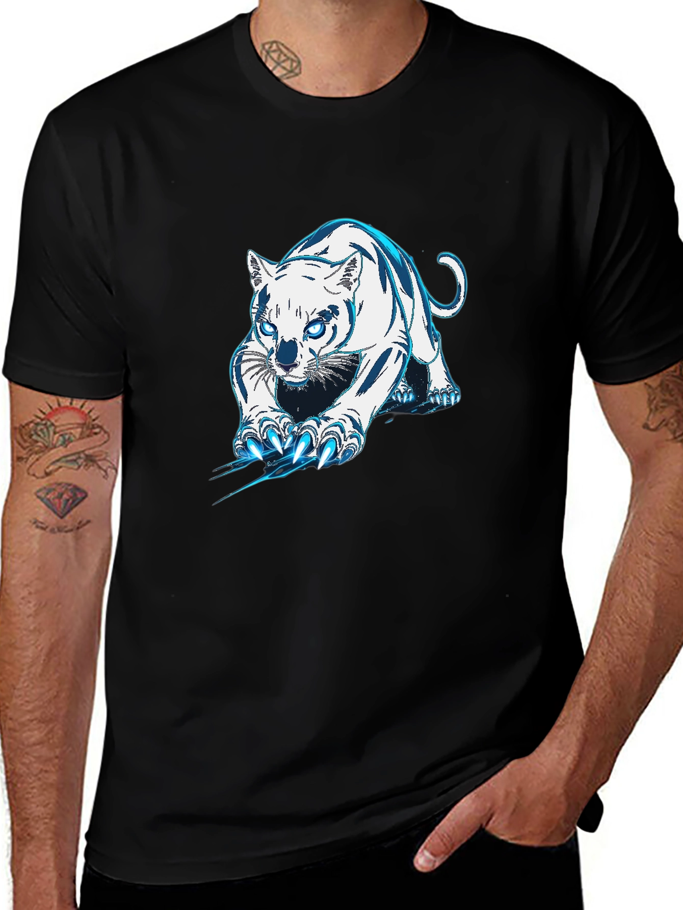 Variant 3 of Black Tee with White & Blue Tiger Graphic