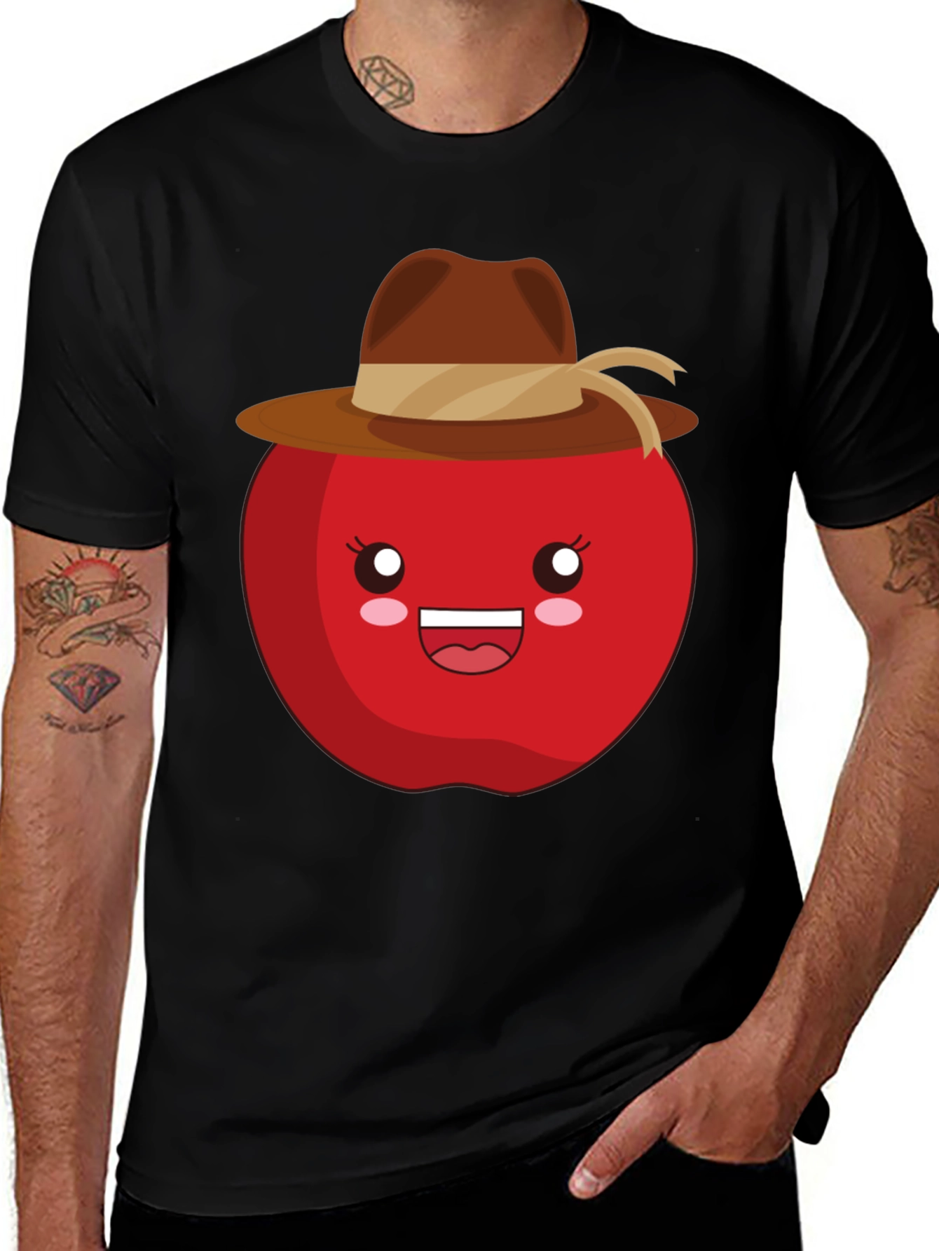 Variant 28 of Kawaii Apple with Cowboy Hat Black T-Shirt
