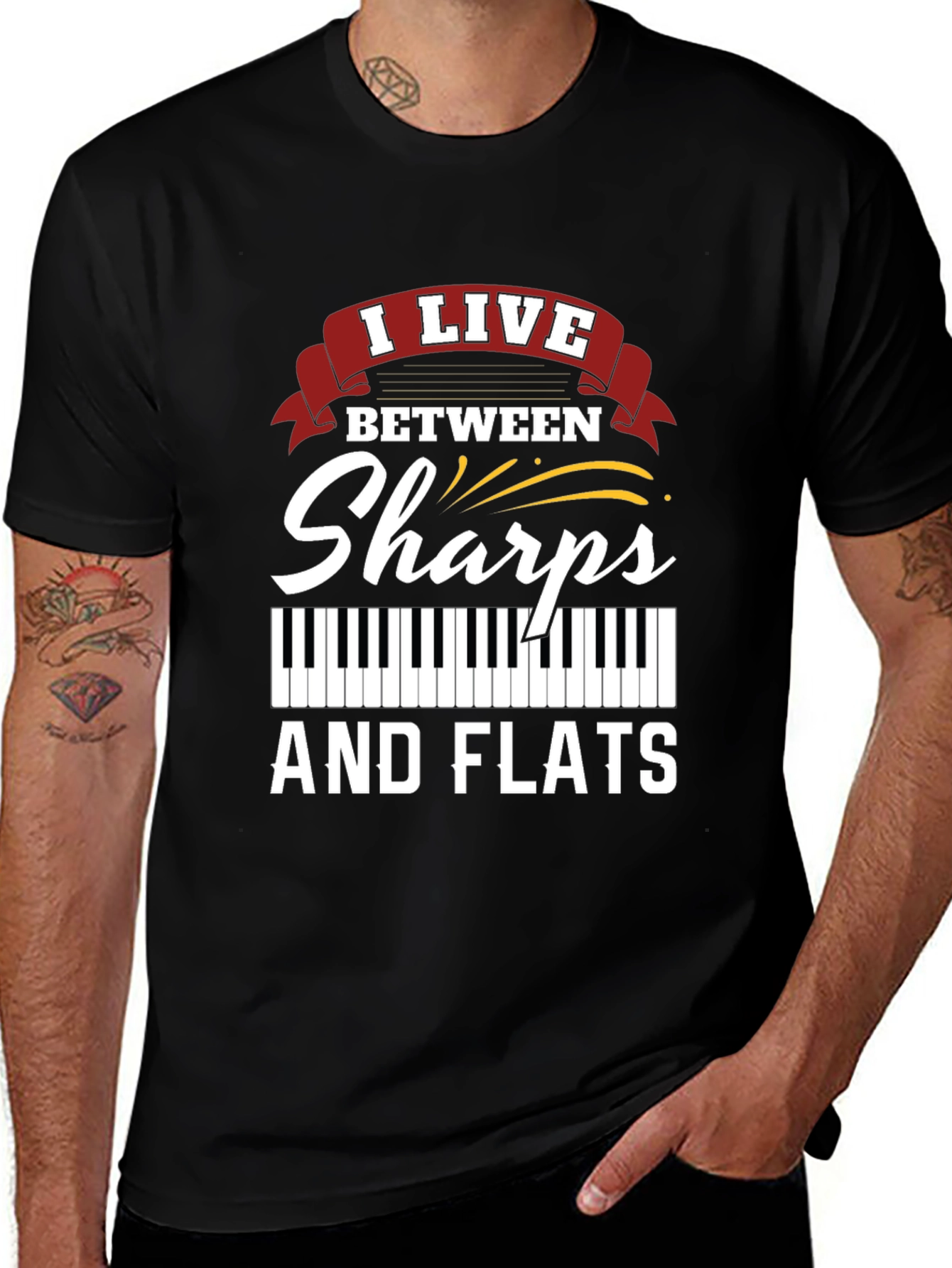 Black I Live Between Sharps and Flats Musician T-Shirt main image
