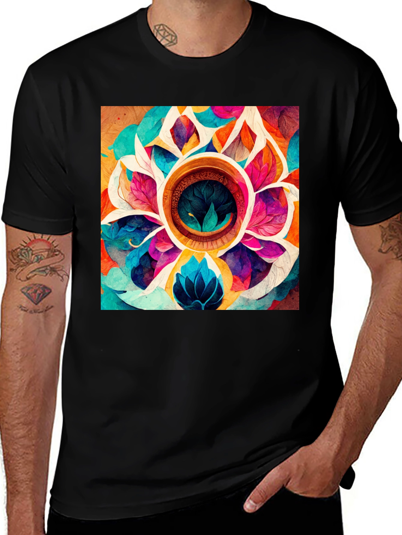 Variant 16 of Vibrant Floral Mandala Graphic Black T-Shirt