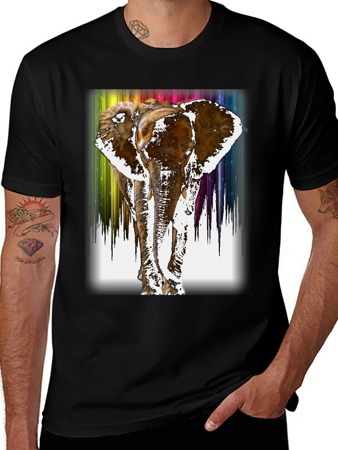 Variant 21 of Rainbow Elephant Print Black T-Shirt