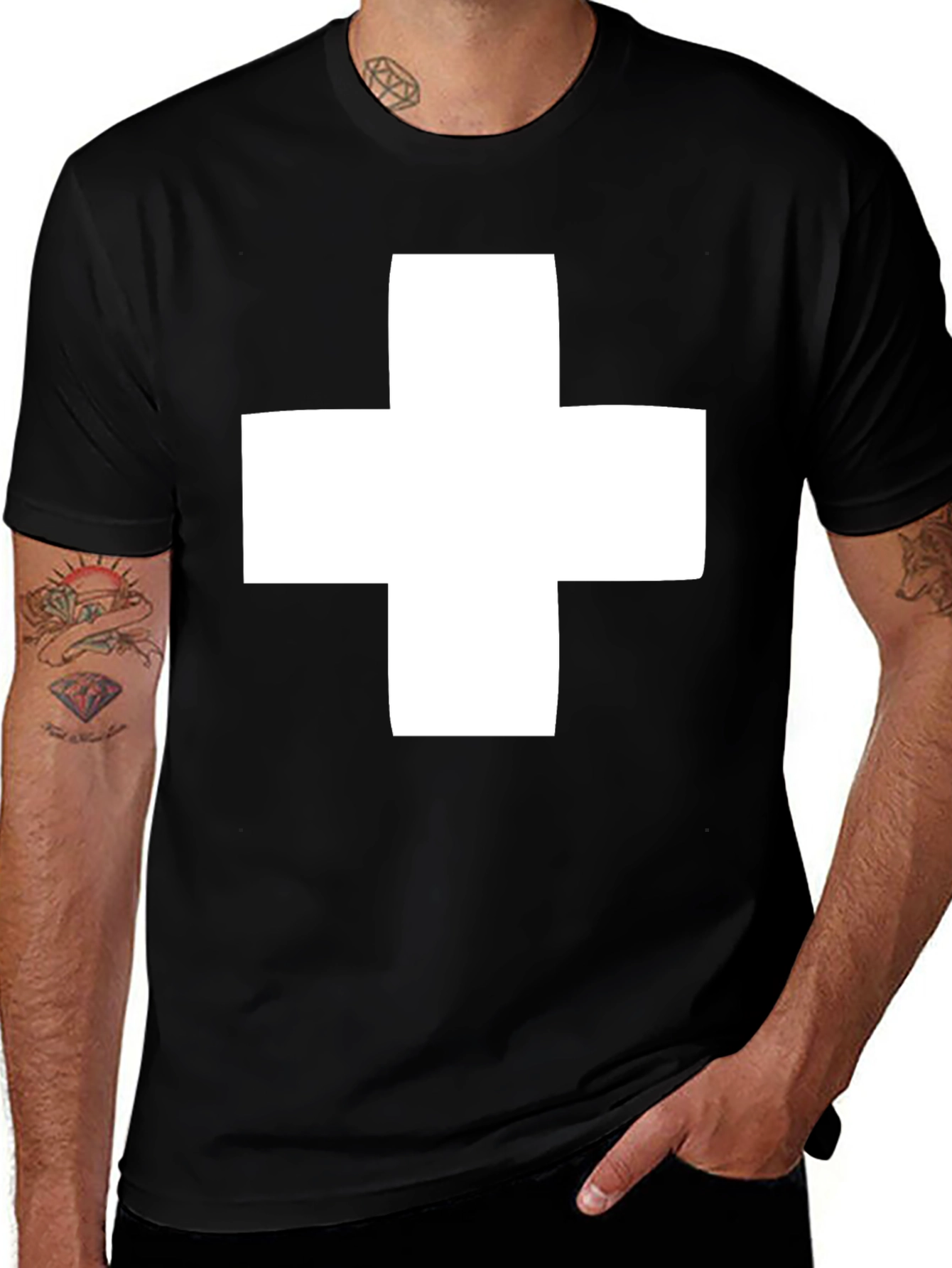 Variant 16 of Bold Black T-Shirt with White Cross Graphic