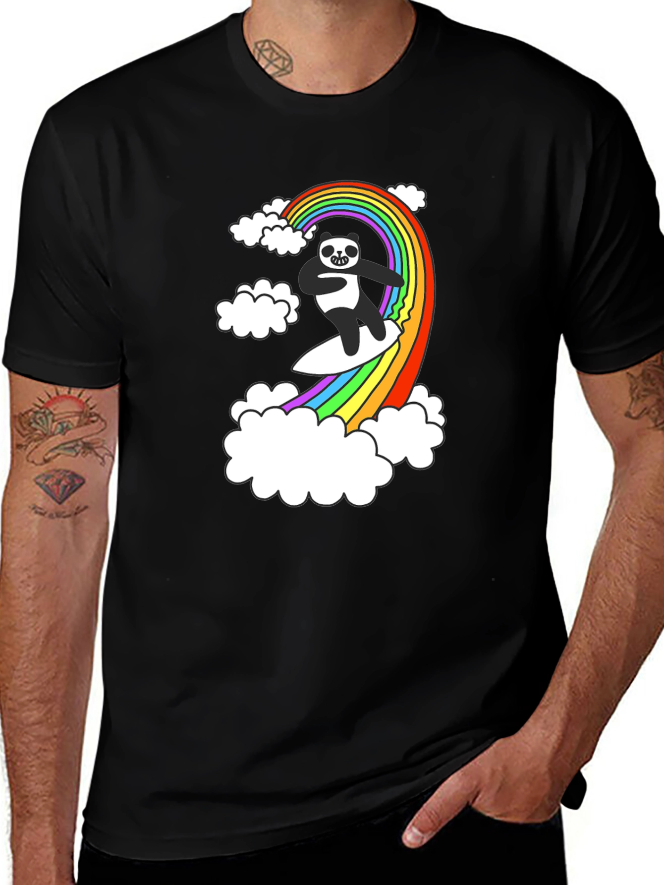 Variant 5 of Panda Surfing Rainbow T-Shirt - Fun Graphic Tee