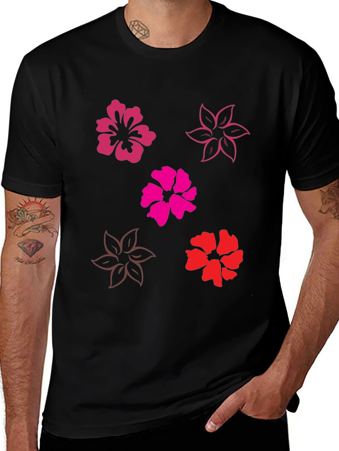 Variant 26 of Floral Print Black T-Shirt - Casual Comfort