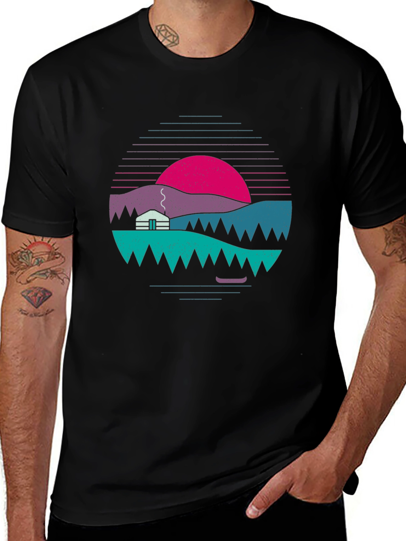 Retro Sunset Mountain Graphic Tee - Black
