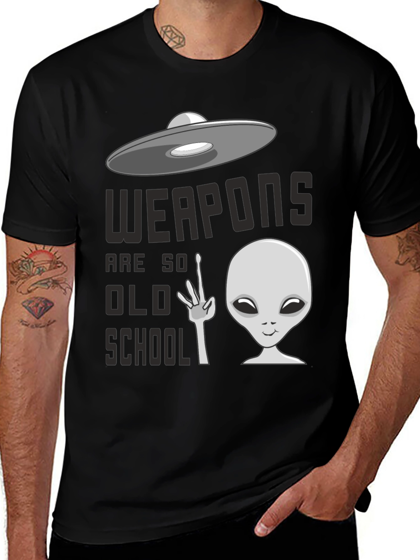 Variant 8 of Weapons are so Old School UFO Alien Graphic Tee