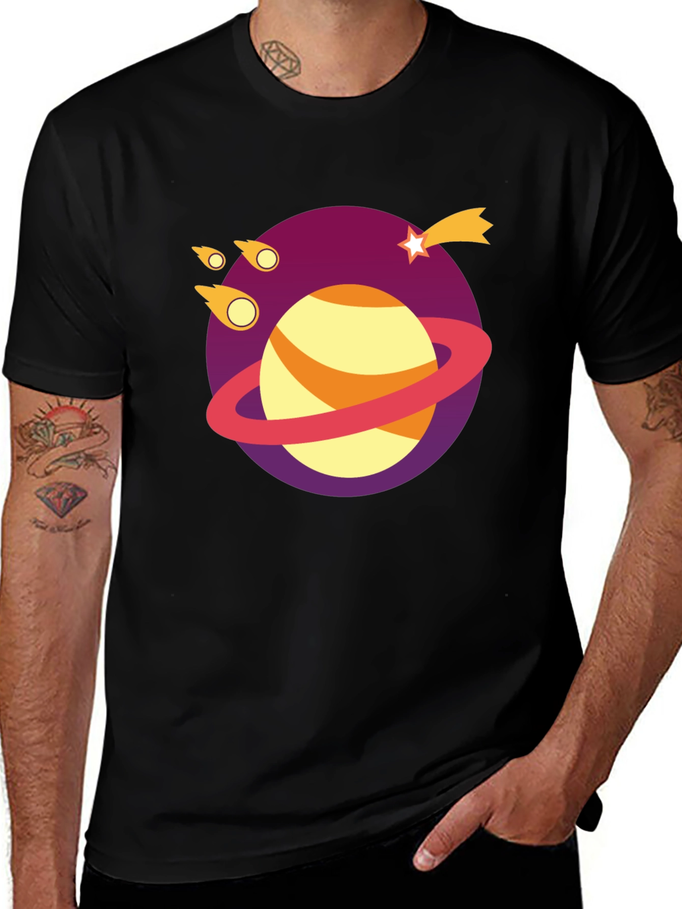 Variant 3 of Galaxy Planet Graphic Tee - Black Cotton T-Shirt