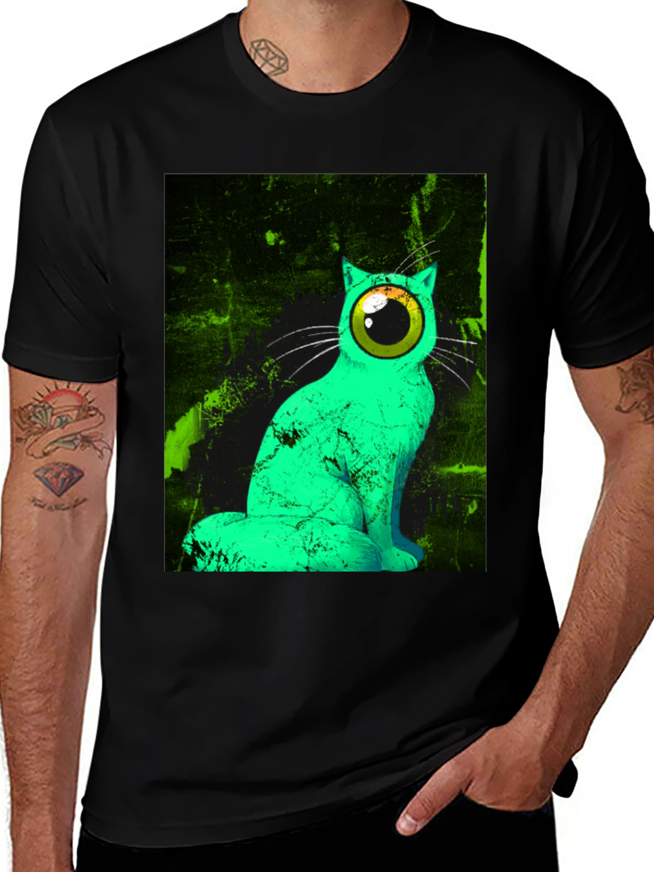 Variant 4 of Surreal Cat Eye Graphic Tee - Black Cotton Blend