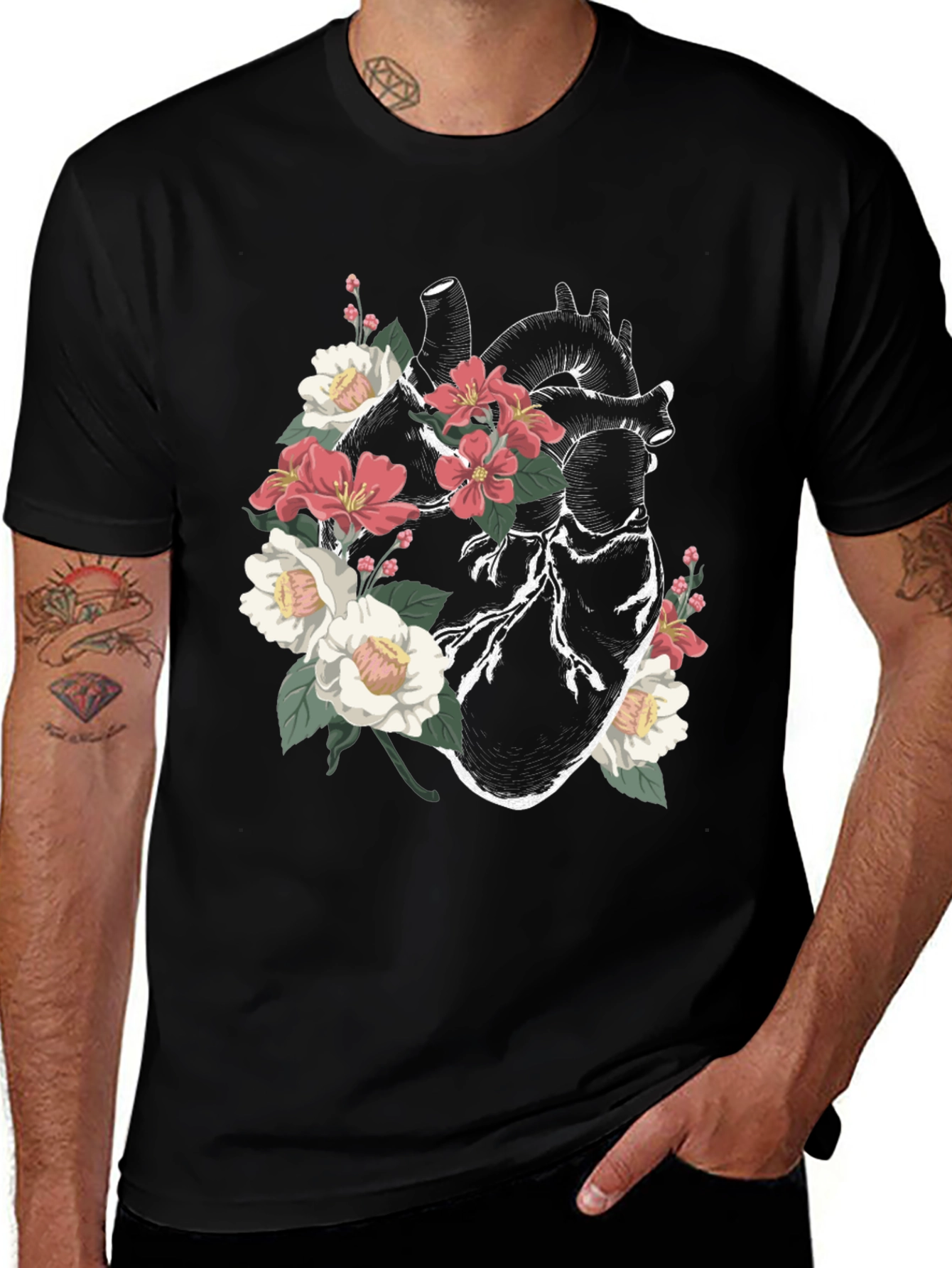 Variant 24 of Floral Heart Graphic Tee - Black Cotton T-Shirt