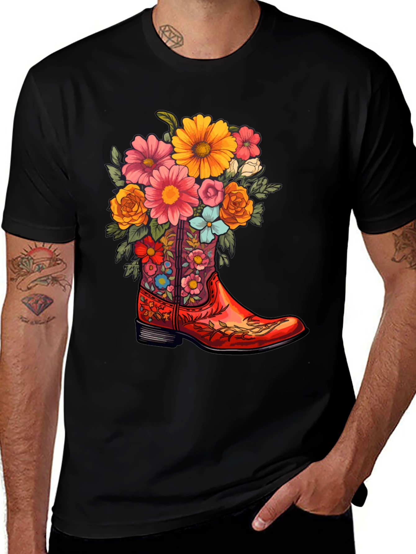 Variant 5 of Floral Cowboy Boot Graphic Tee - Western Style