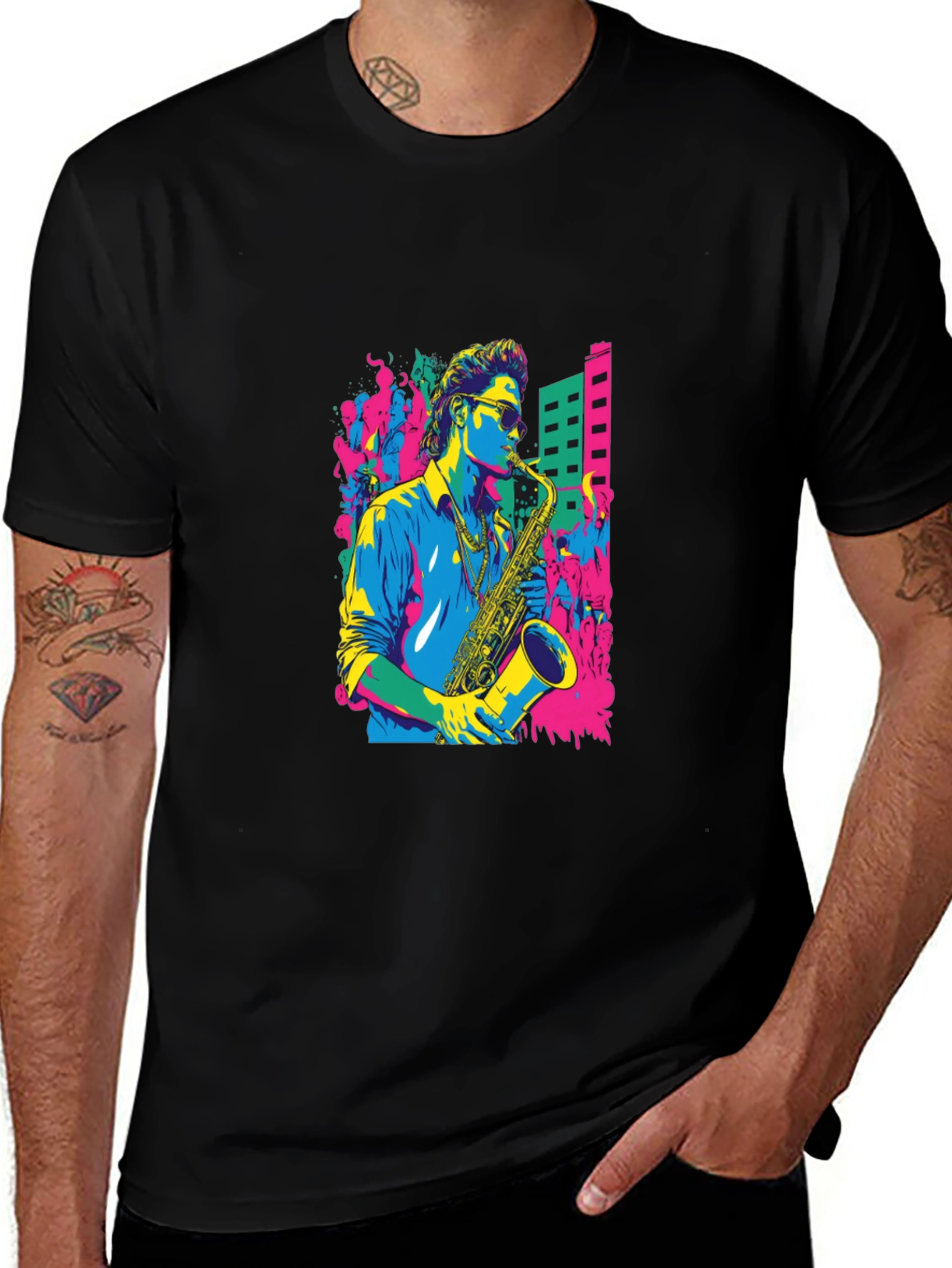 Variant 29 of Retro Saxophone Player Graphic Black T-Shirt