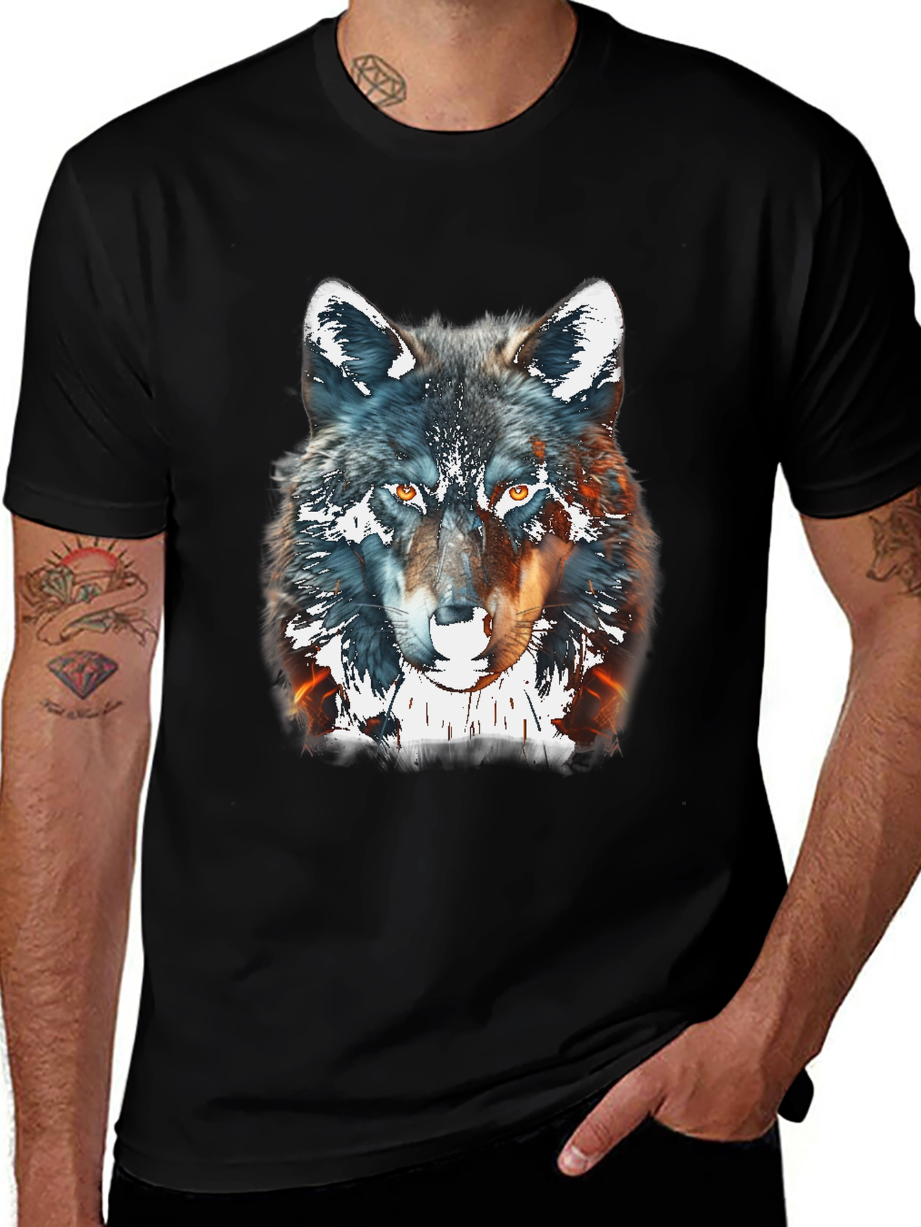 Variant 2 of Wolf Graphic Print Tee - Black Cotton Blend