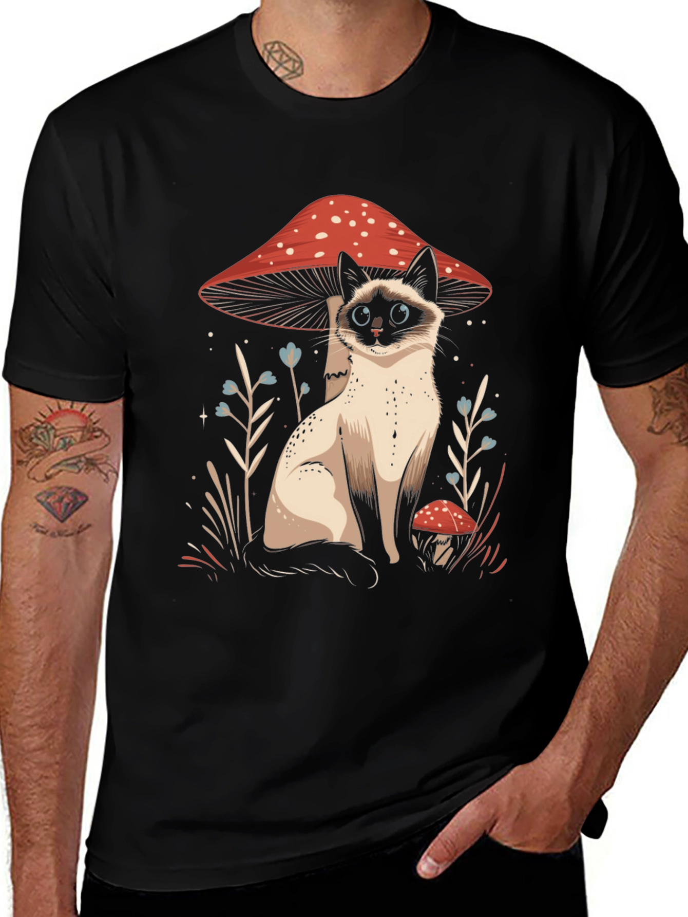 Variant 29 of Cat and Mushroom Graphic Tee - Black Cotton