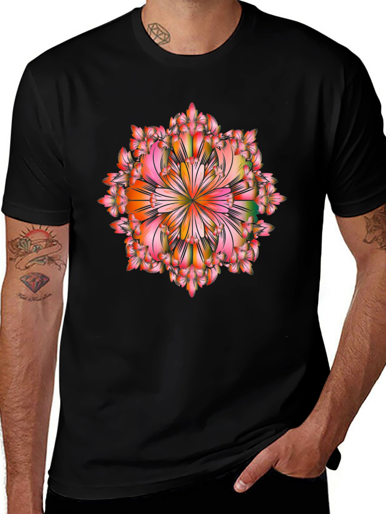 Variant 21 of Floral Mandala Graphic Black T-Shirt