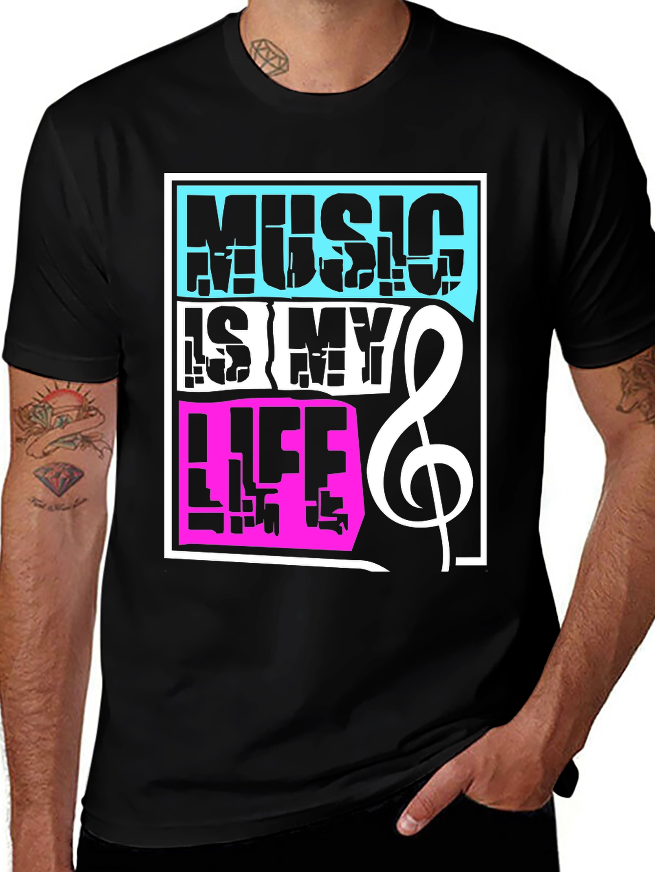 Variant 27 of Music is My Life Graphic Tee - Black Cotton Blend T-Shirt