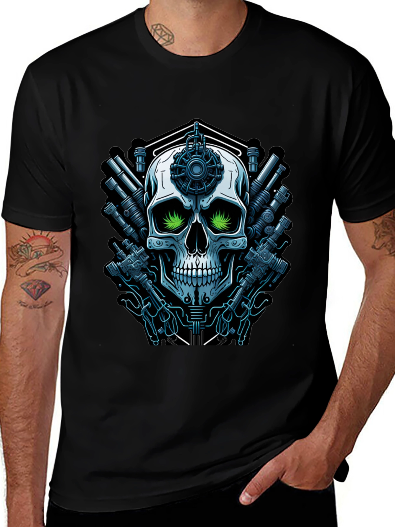 Cyberpunk Skull T-Shirt - Futuristic Green Eyes