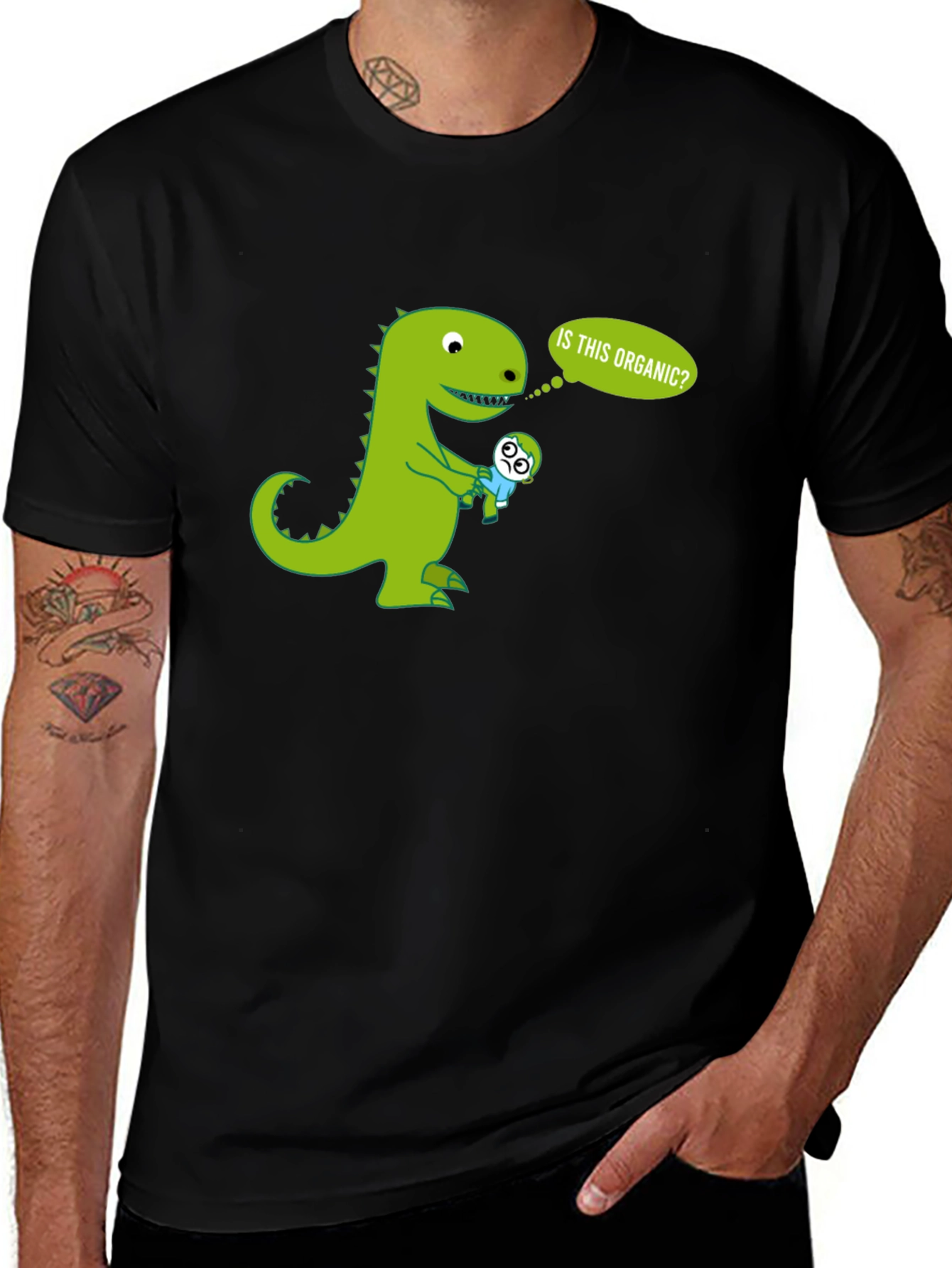 Variant 4 of Organic Humor Tee: Dinosaur Asks the Tough Questions