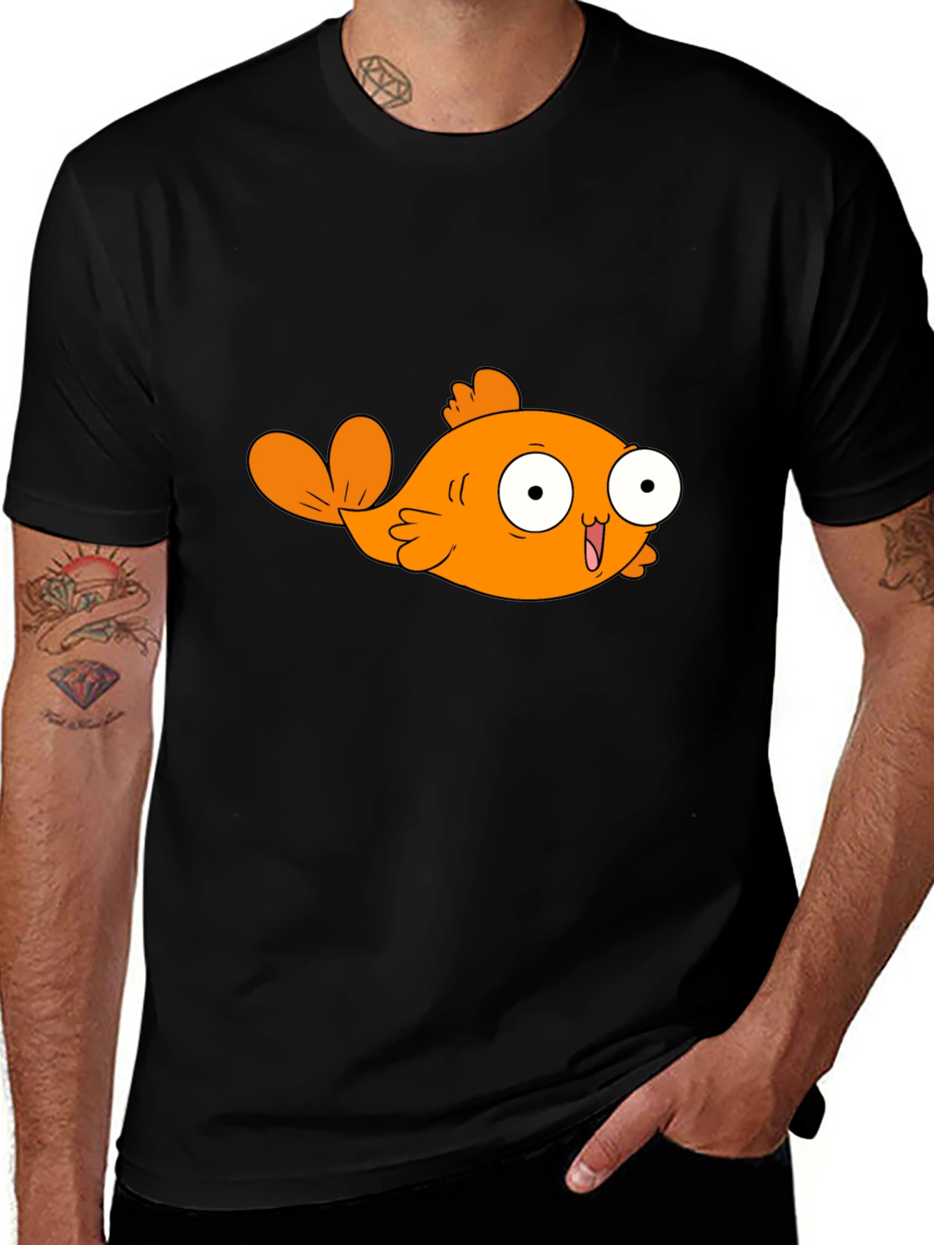 Black Cartoon Orange Fish Graphic T-Shirt main image