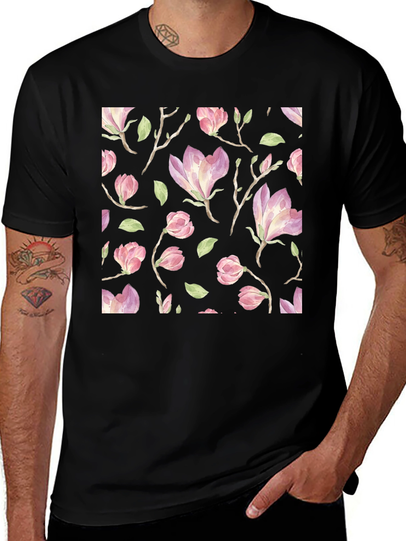 Variant 4 of Floral Print T-Shirt - Black Cotton Blend