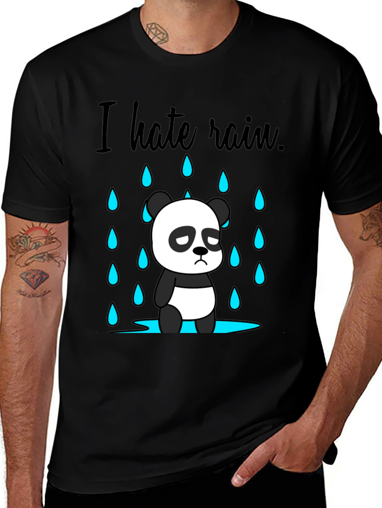 Variant 12 of I Hate Rain Panda Graphic Tee - Black T-Shirt