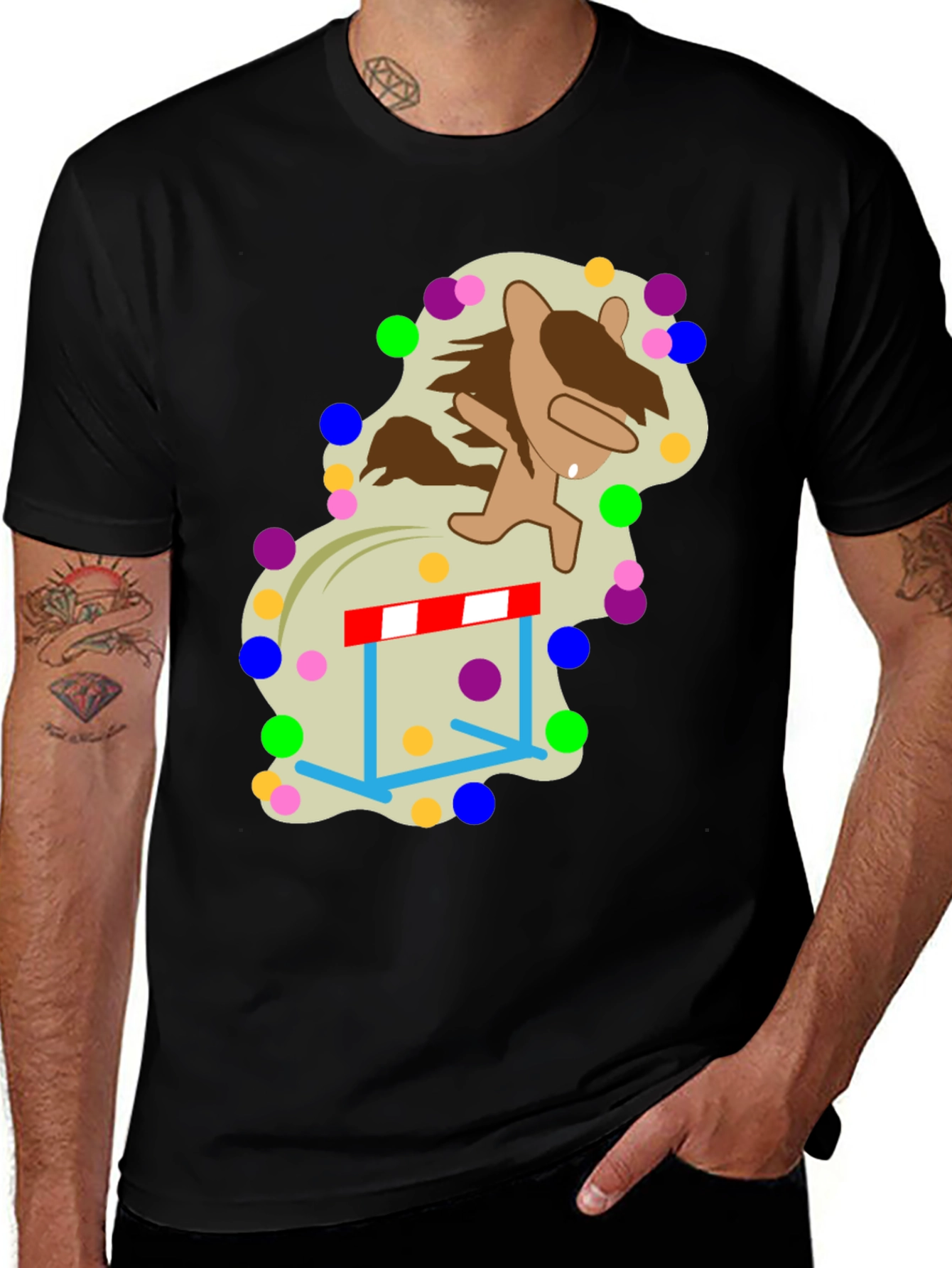Variant 13 of Cartoon Horse Hurdle T-Shirt - Black Cotton Tee