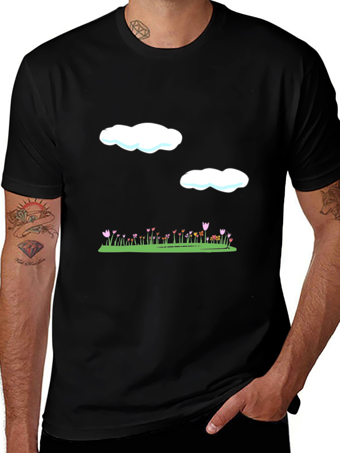 Variant 20 of Black T-Shirt with Clouds and Flower Field Design