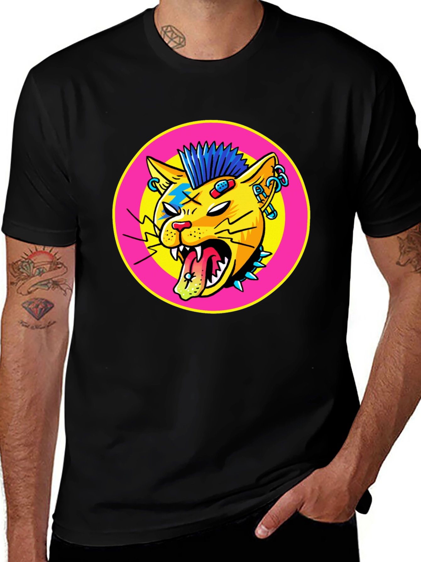 Black Punk Rock Cat Graphic Tee main image