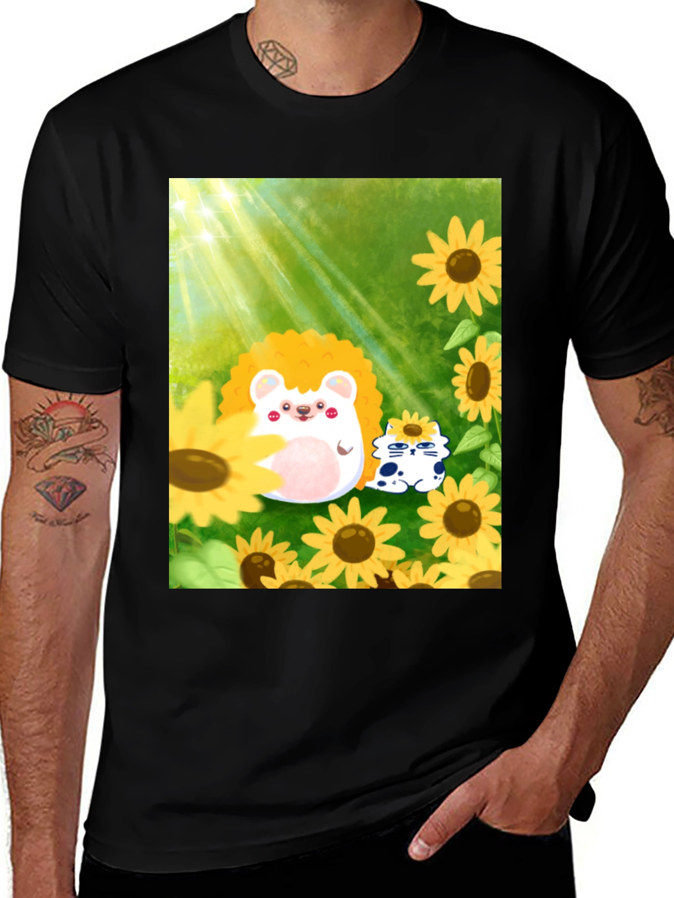 Variant 8 of Cute Hedgehog & Cat Sunflower Graphic Tee