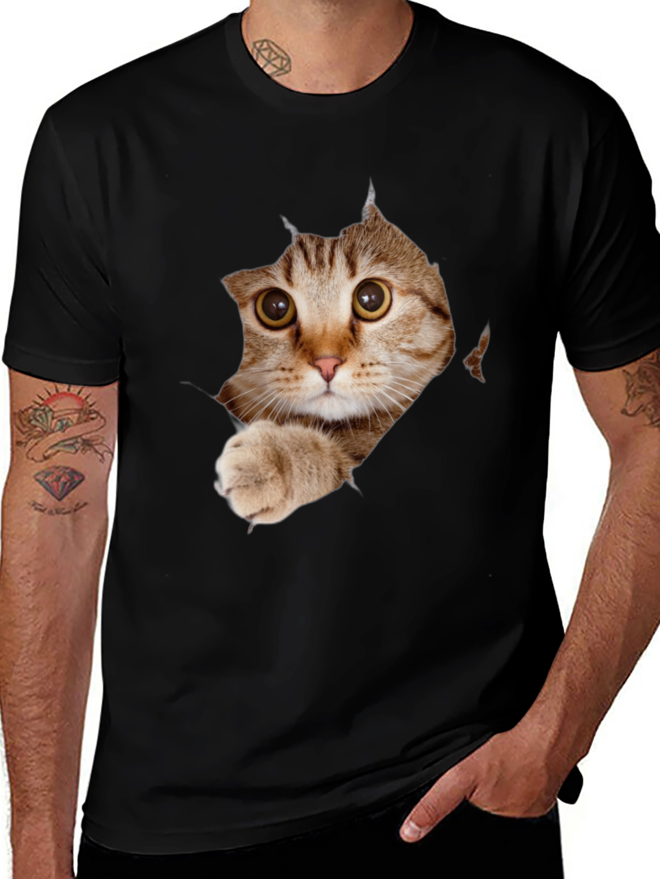 Variant 2 of Cat Peeking Through Ripped T-Shirt - Unique Graphic Tee