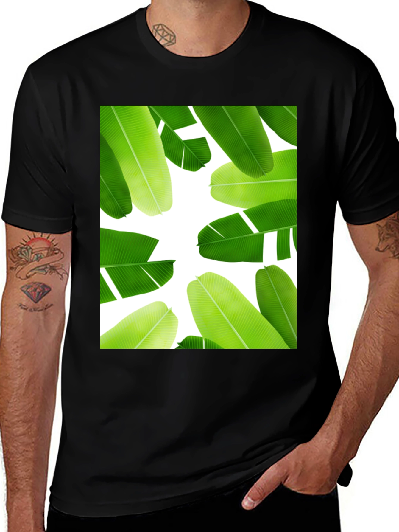 Variant 26 of Banana Leaf Print Black T-Shirt