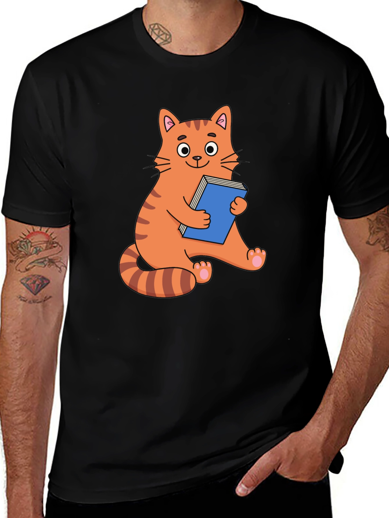 Variant 10 of Reading Cat Graphic T-Shirt - Unisex Black Tee