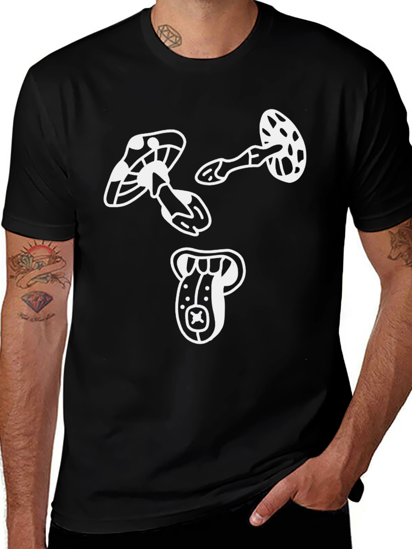 Variant 26 of Funky Mushroom Graphic Tee - Black Cotton T-Shirt