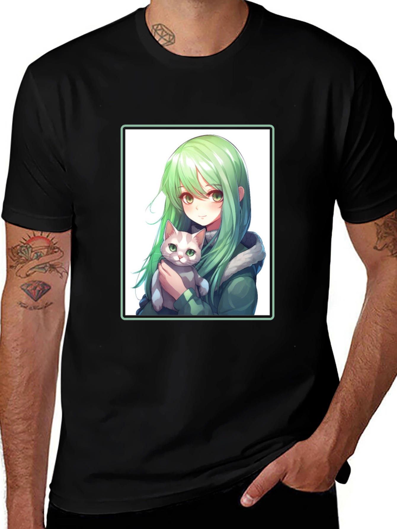 Variant 30 of Anime Girl with Cat Graphic Black T-Shirt