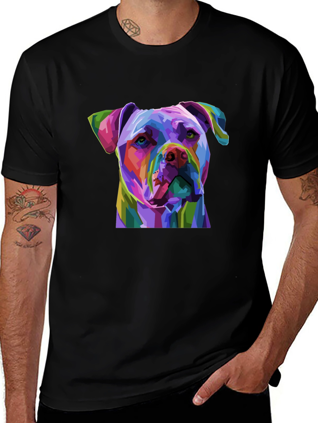 Variant 22 of Colorful Pitbull Dog Graphic Print Black T-Shirt