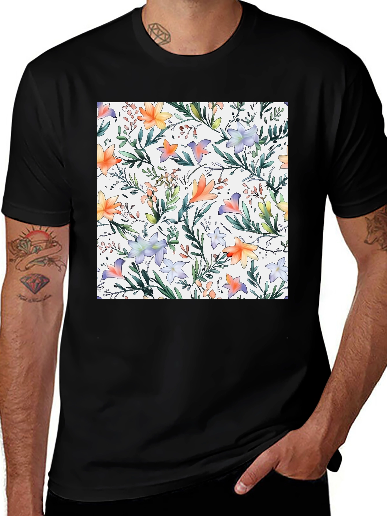 Variant 26 of Floral Print Black T-Shirt - Stylish Casual Wear