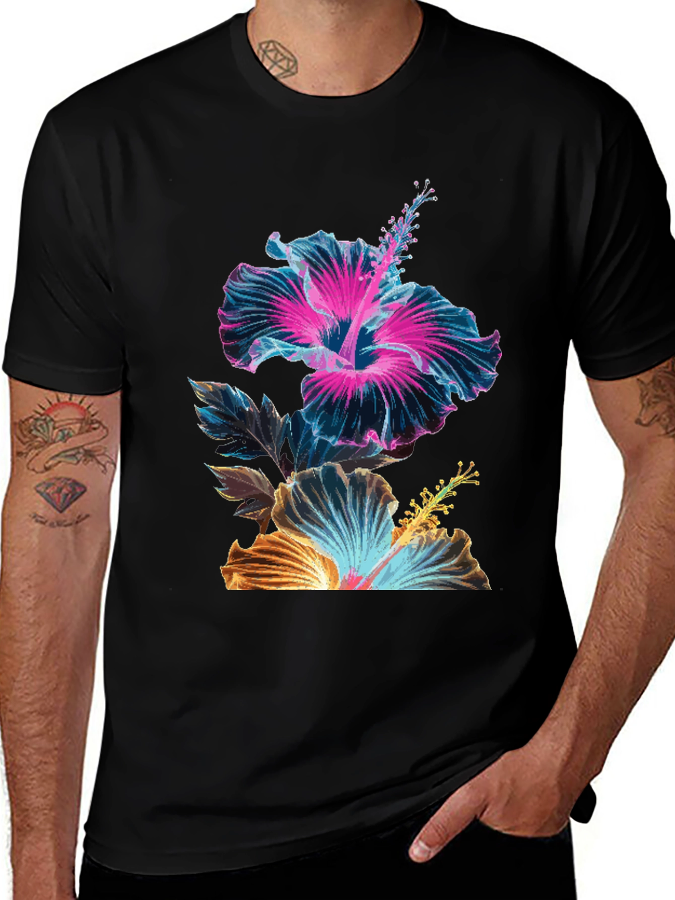 Variant 20 of Floral Hibiscus Print Black T-Shirt
