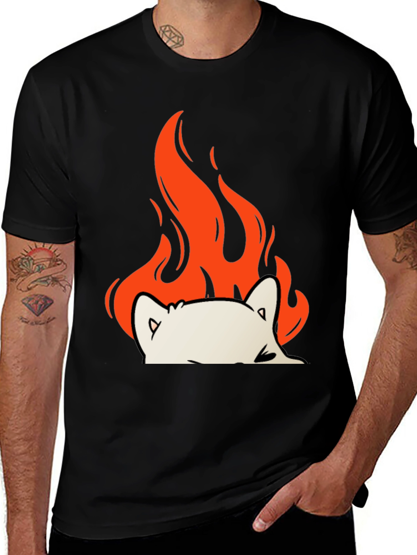 Variant 19 of Flaming Cat Peeking T-Shirt - Black Cotton Tee