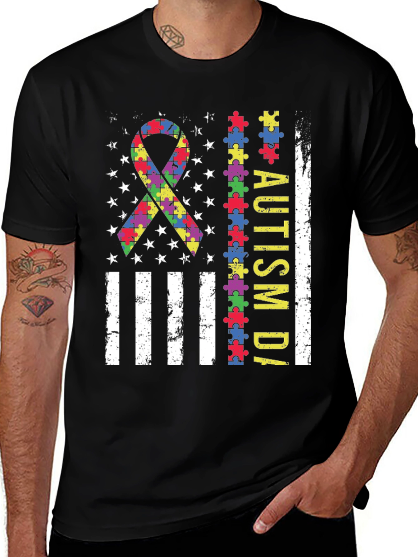 Autism Awareness Puzzle Piece USA Flag T-Shirt