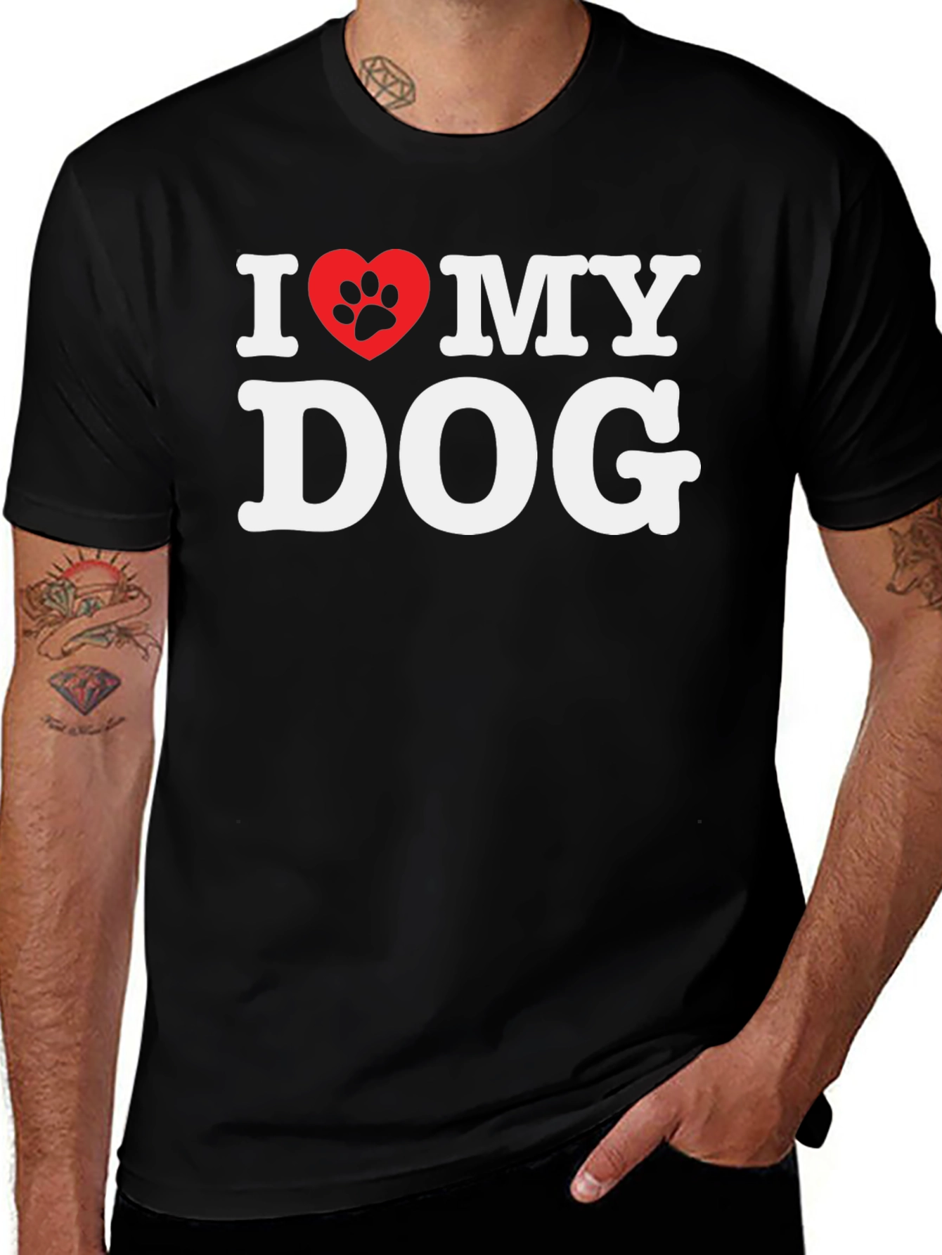 Variant 5 of I Love My Dog T-Shirt, Paw Print Heart, Black Cotton Tee