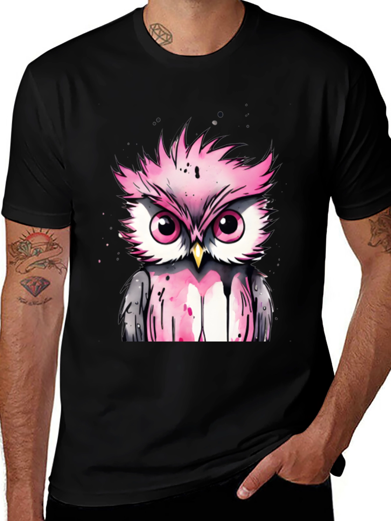 Variant 3 of Pink Owl Graphic Tee - Men's Black Cotton T-Shirt