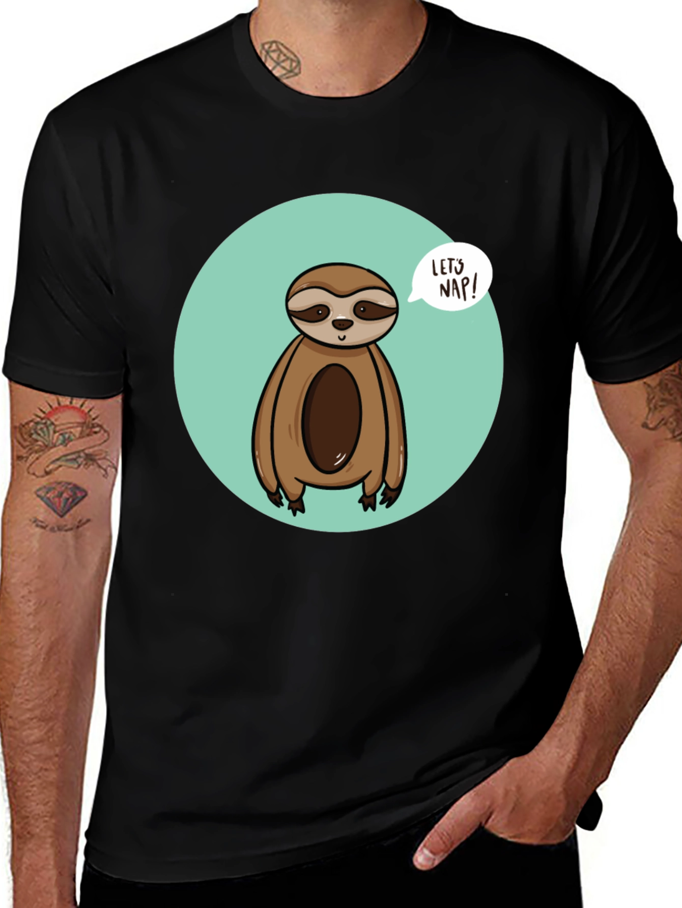 Variant 30 of Cute Sloth 'Let's Nap' Black T-Shirt