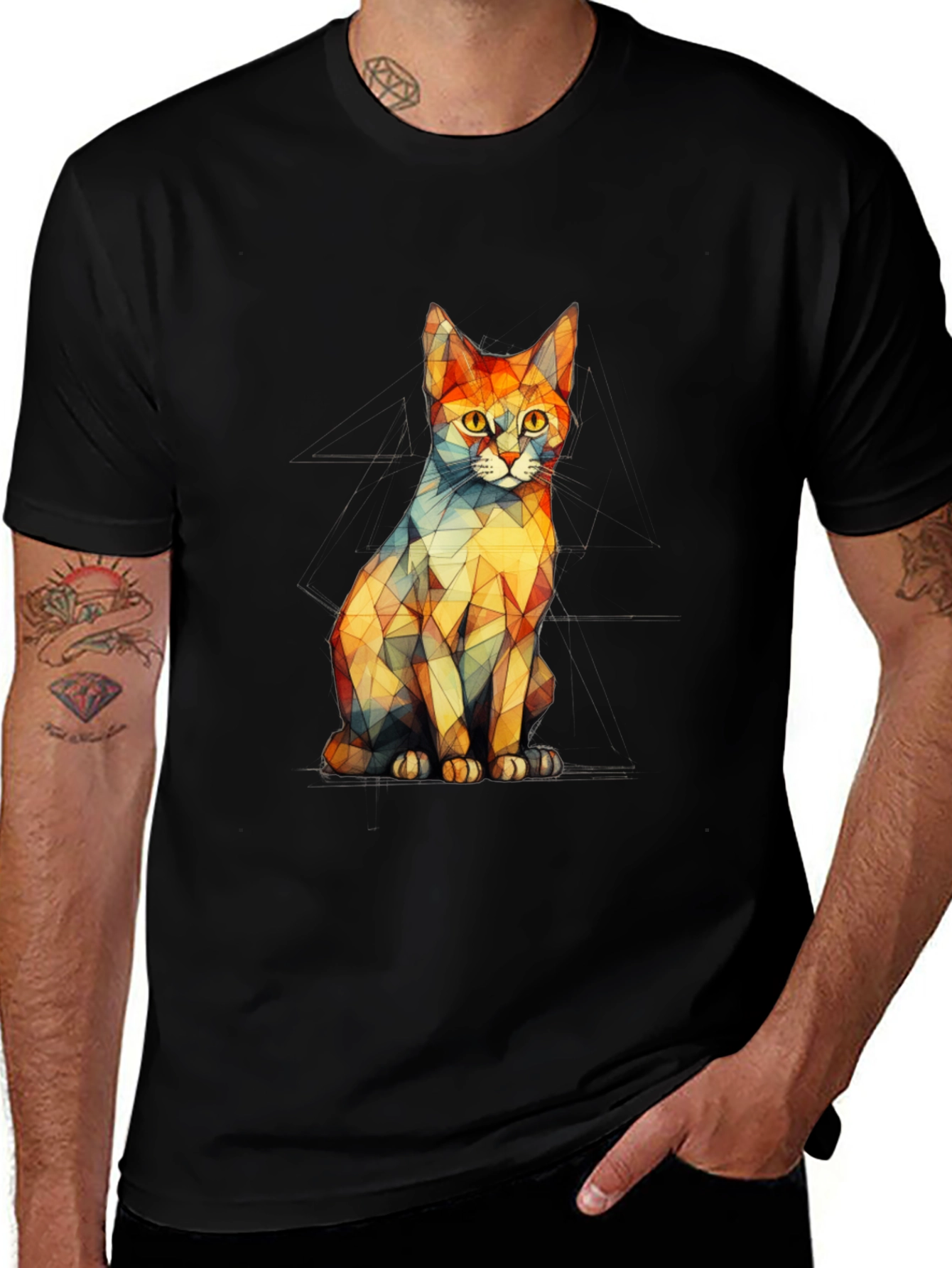 Variant 20 of Geometric Cat Graphic Black T-Shirt