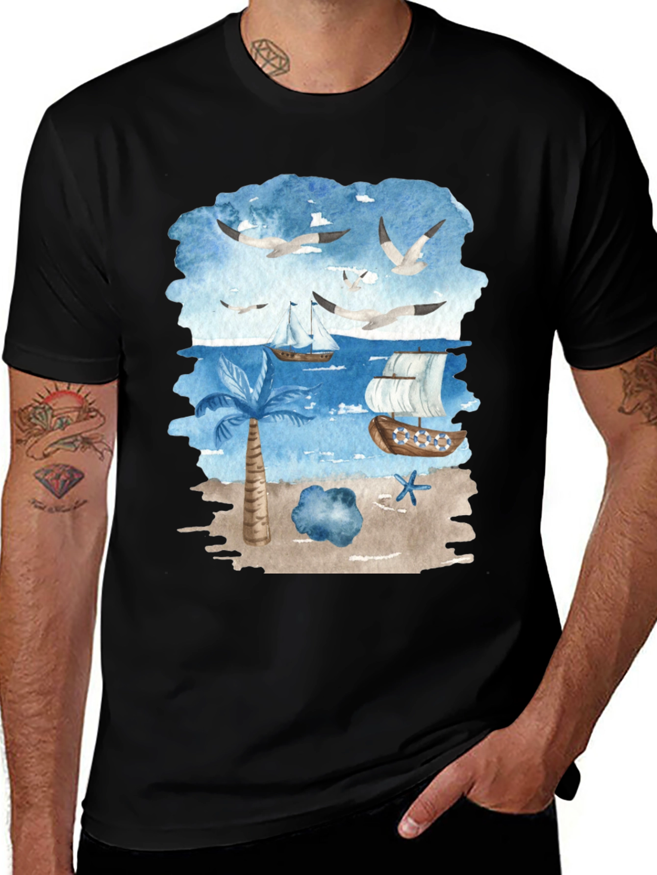 Tropical Watercolor Beach Scene T-Shirt
