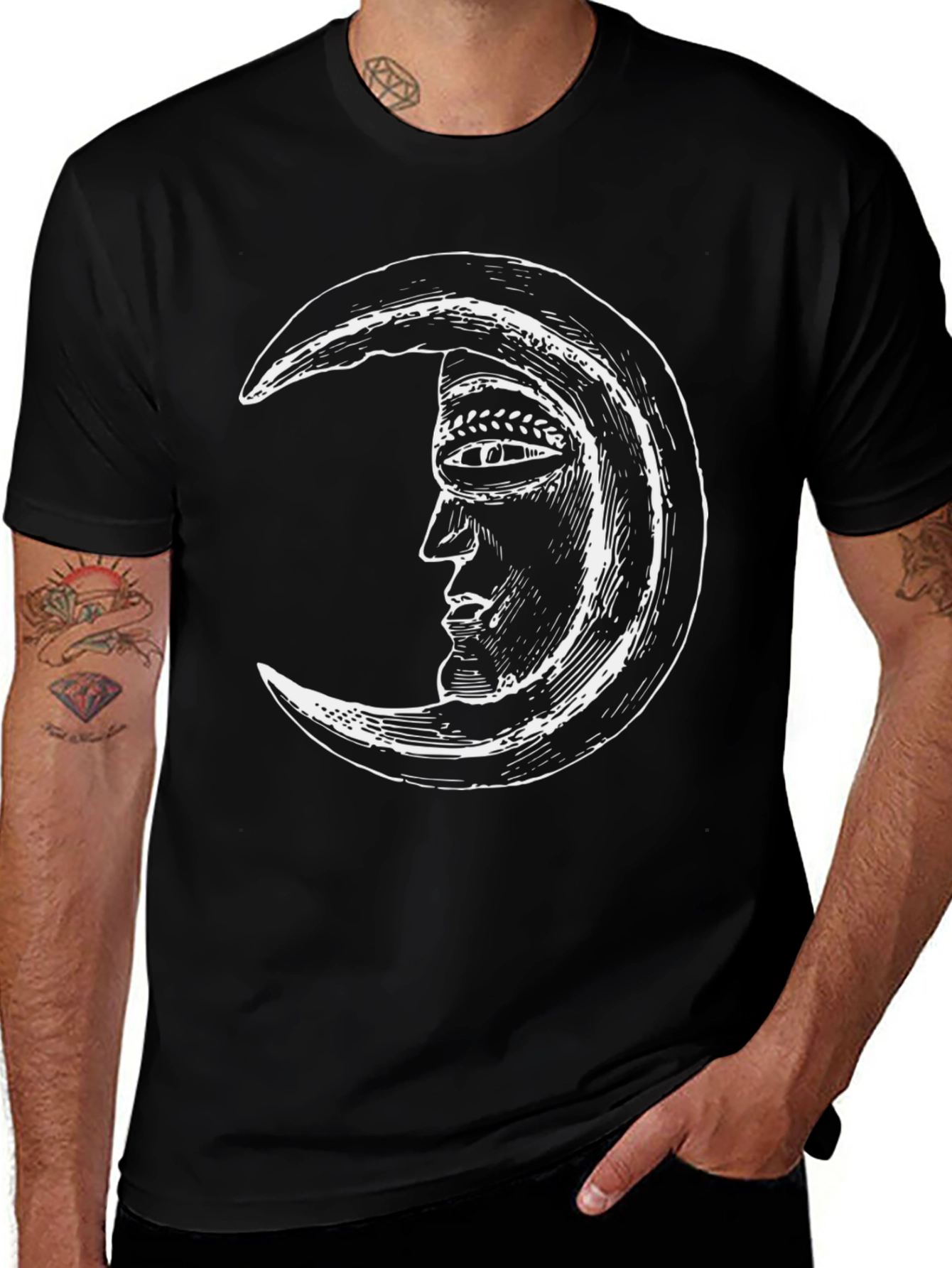 Variant 15 of Crescent Moon Face Graphic Tee - Black Cotton T-Shirt