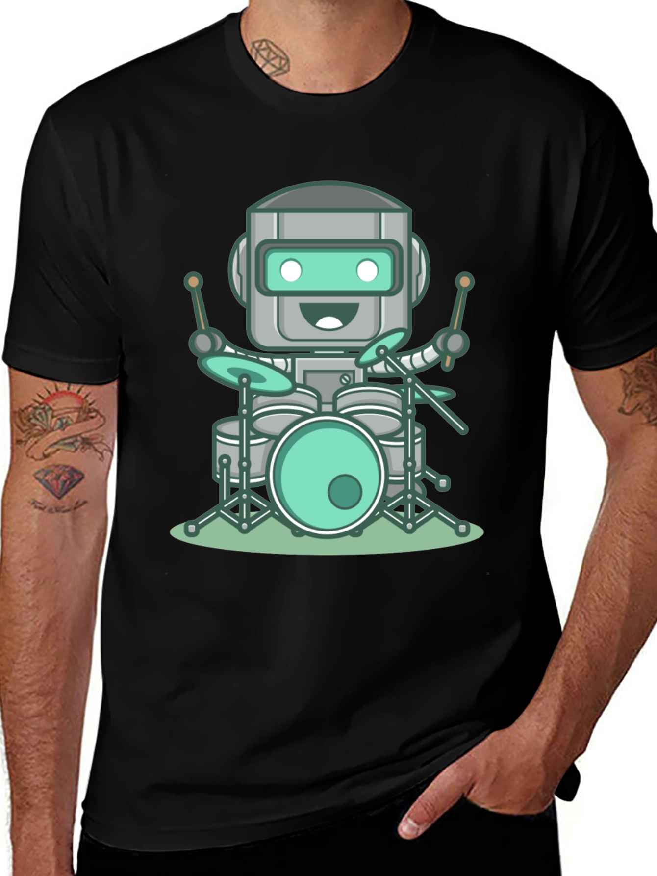 Variant 11 of Robot Drummer Graphic Tee - Black Cotton T-Shirt