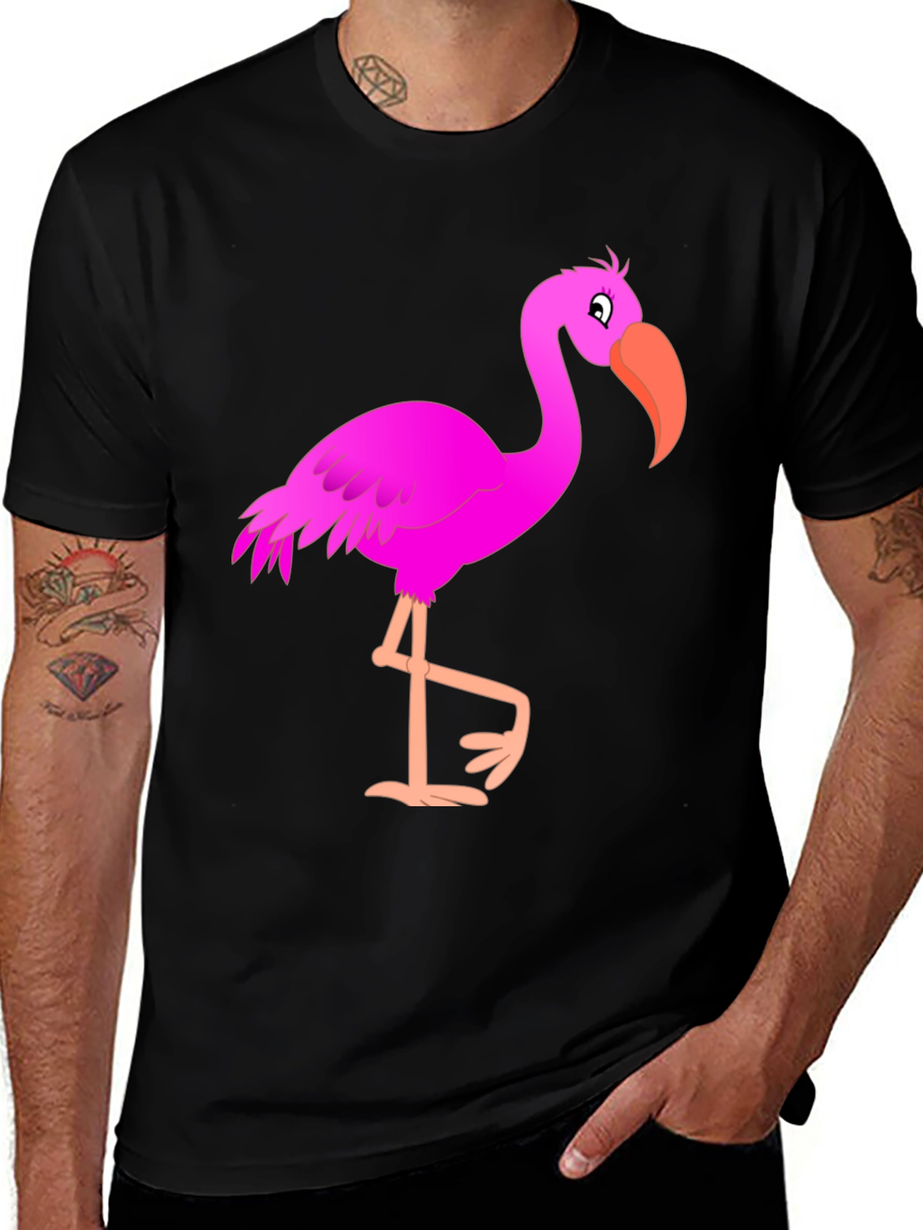 Variant 26 of Men's Black T-Shirt with Fun Pink Flamingo Graphic