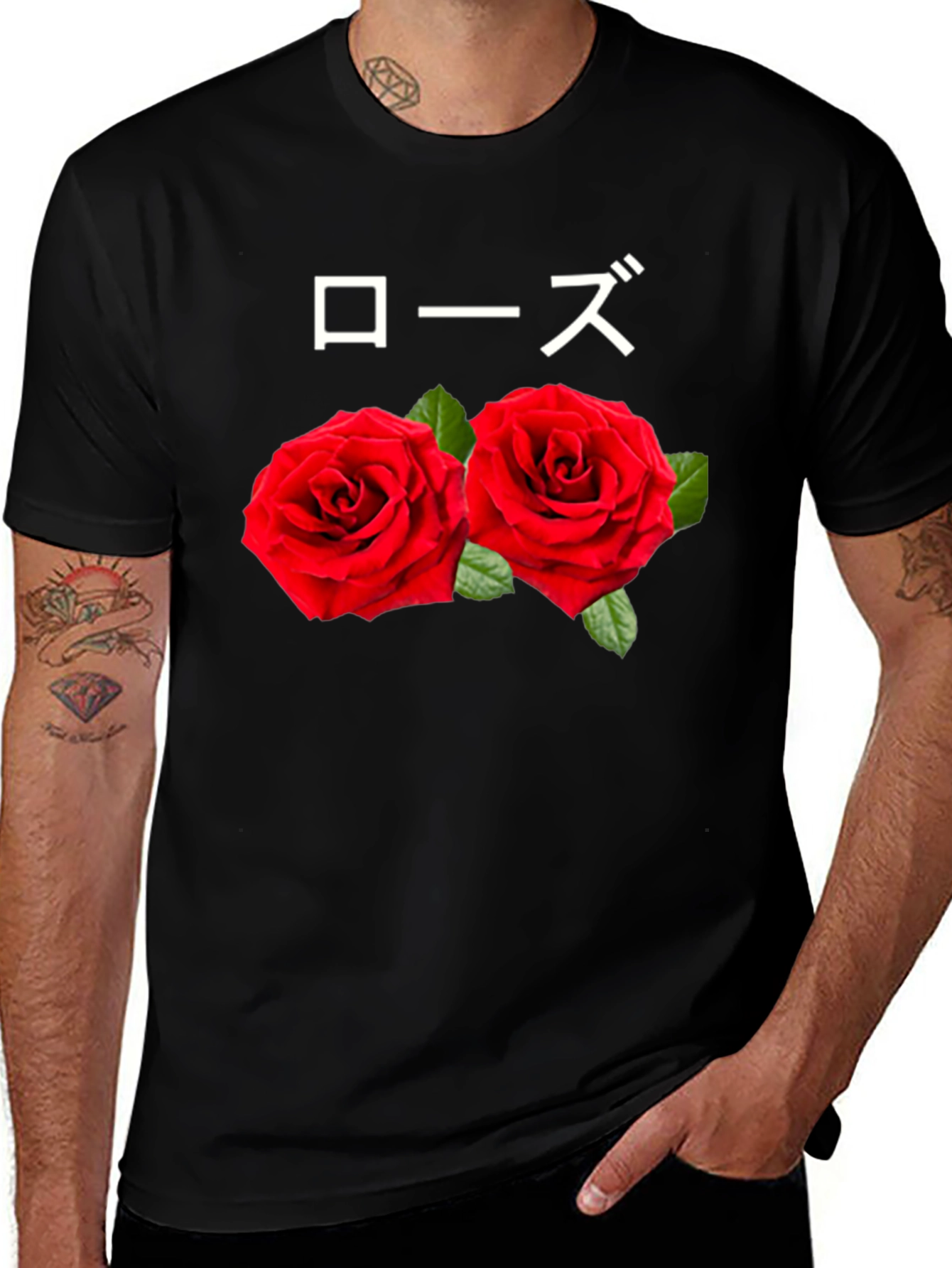 Variant 11 of Roses Graphic T-Shirt - Japanese Text, Floral Design