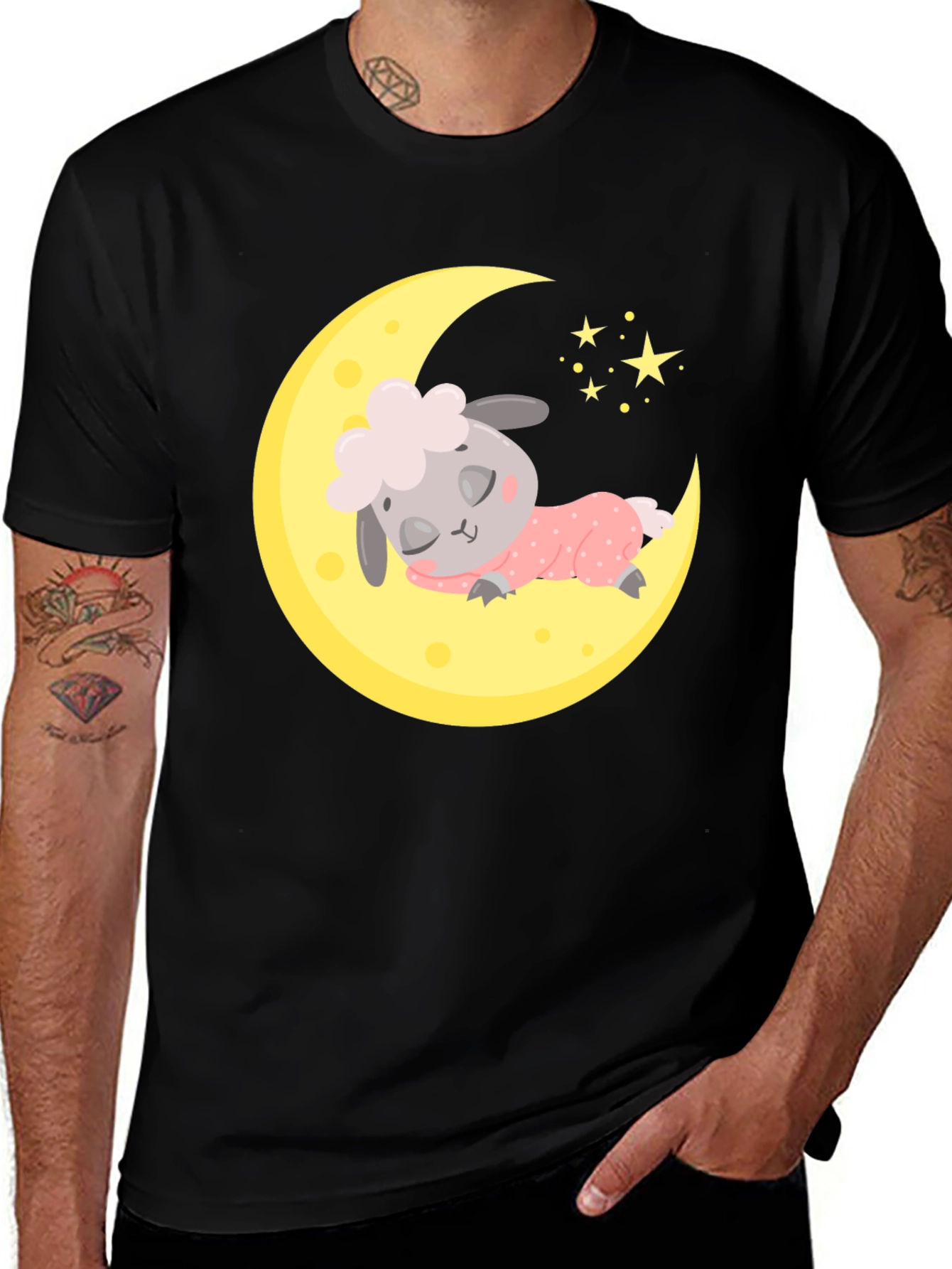 Variant 30 of Cute Sheep on Moon Graphic Tee - Dreamy Black T-Shirt