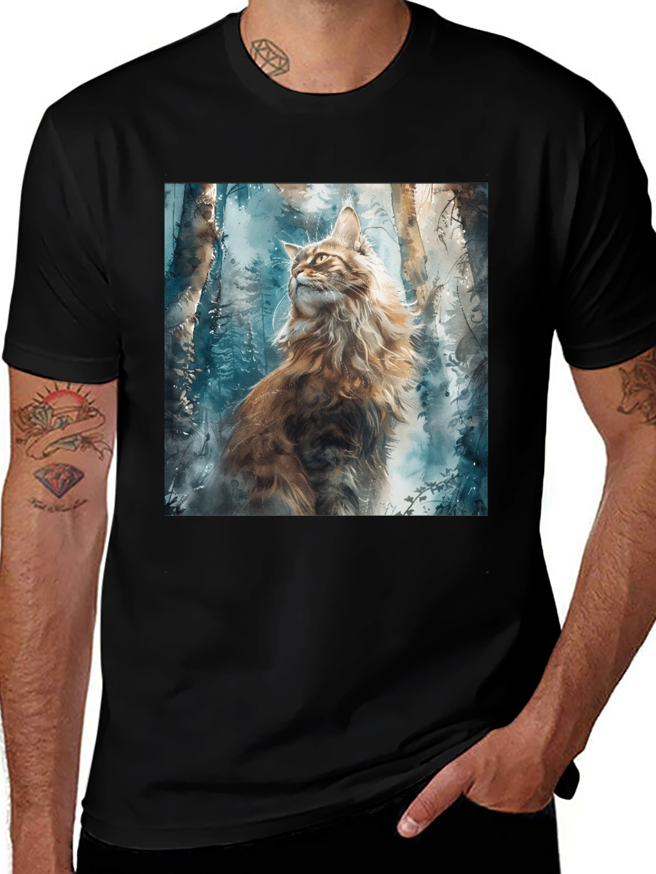 Variant 24 of Watercolor Cat in Forest Graphic Tee