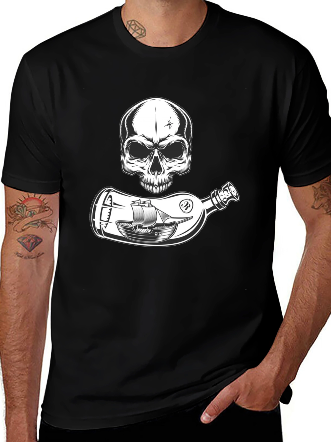Variant 14 of Skull & Ship in a Bottle Graphic Tee - Black